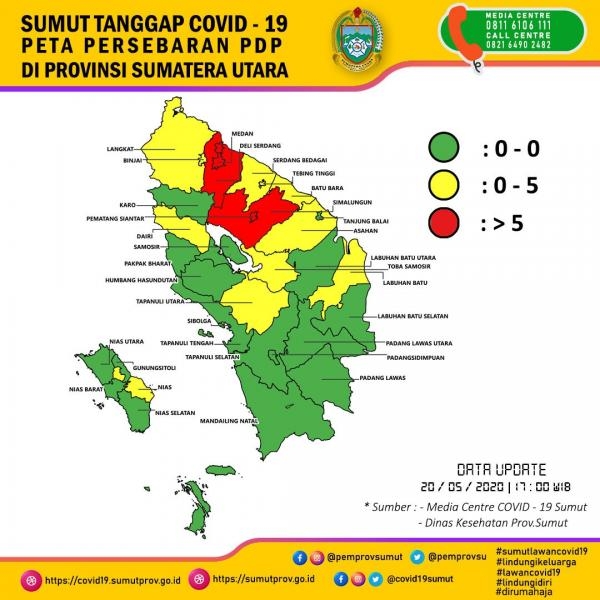 Peta Persebaran PDP di Provinsi Sumatera Utara 20 Mei 2020 